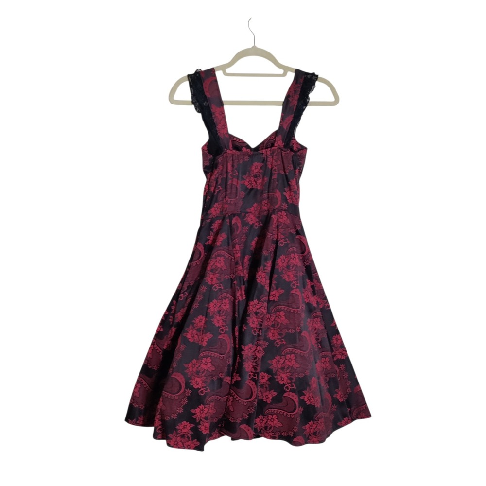 Hearts & Roses London Red Black Floral Brocade Lace Up Swing Dress‎ USA 6 UK 10